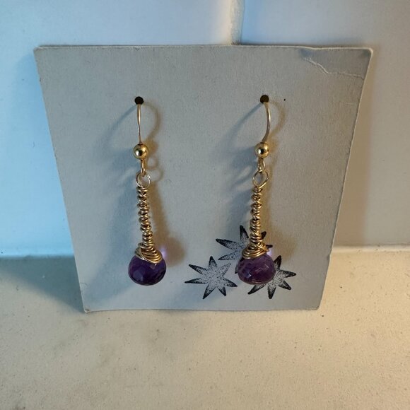 14k Gold Fill Amethyst Drop Dangle Earrings Pierced Handmade Artisan Made NWT - Picture 3 of 3